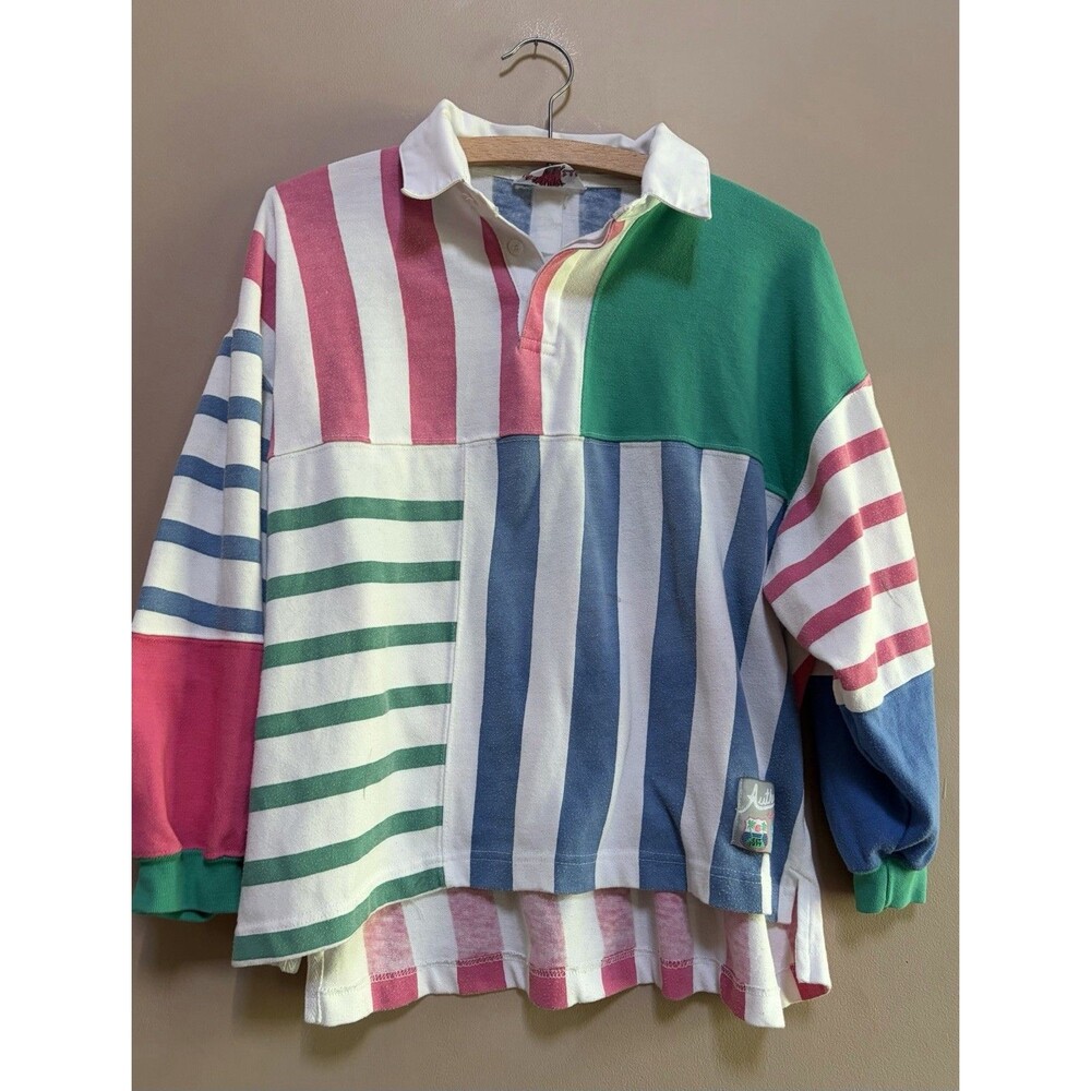 VINTAGE 80s CAMP BEVERLY HILLS Multicolor Stripe Collared Rugby Top Size L 70s